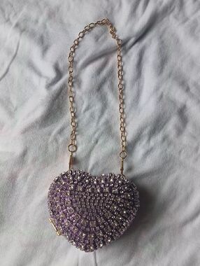 Heart-Shaped Crystal Minaudière in Purple with Gold Chain